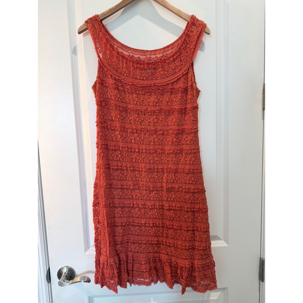 Max Edition Women Orange Lace Tiered Ruffle Sleeveless Dress L 2902E55B